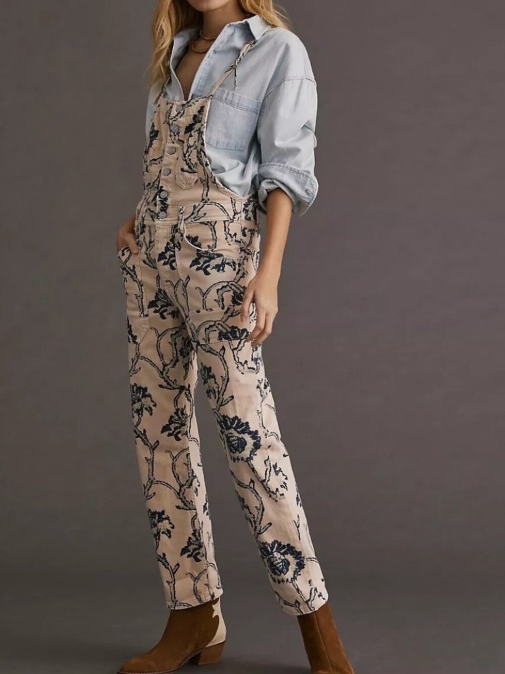 Anthropologie Pilcro Painters Overalls 27 Cream Blue Floral Print Denim Cotton